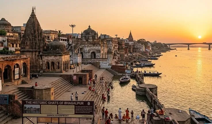 Varanasi ghats at dawn with priests performing morning aarti
